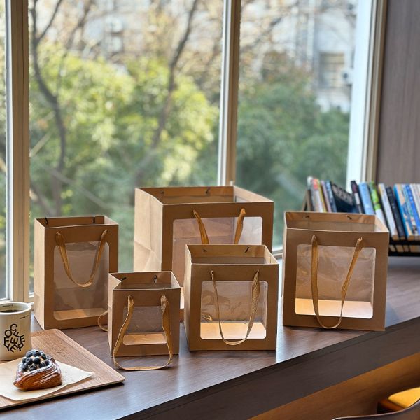 Window Gift Bag Set Multi Size Kraft Pink Packaging Transparent Viewing Panel