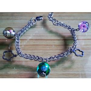Stainless Steel Chain Linked Murano Pandora Glass Beads Charms Bracelets,12