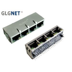 Cheap EMI Spring Rj45 Through Hole Connector 1 X 4 Ports Ganged RJ45 Modular Jack Tab for sale