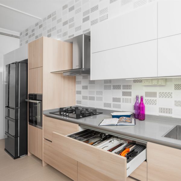 L Shape Small Kitchen Cabinet White And Wood Grain Handless Open Shelf Melamine