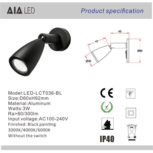Hotel room bedside LED reading light 3W rotatable embedded reading wall light headboard wall lamp