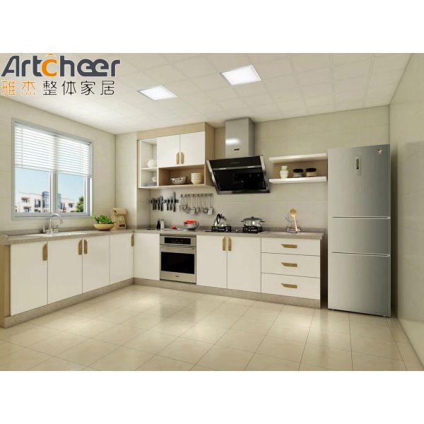 Drawer Slide Kitchen Cabinet with Adjustable Island in Black and White Sunmica Design