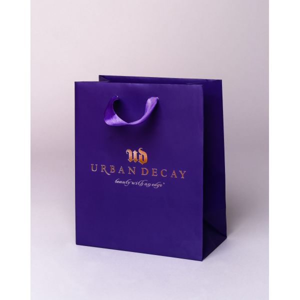 Luxury Custom Printed Logo Embossed Purple Coated Paper Bag With Ribbon Handle