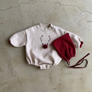 New Born Rompers Baby Fleece-Lined Reindeer Sweatshirt Romper and Bonnet Set