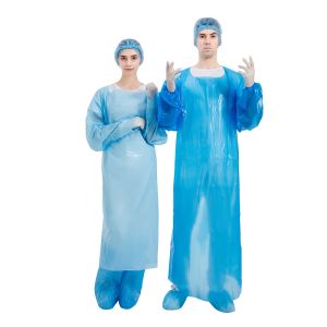 China Plastic Disposable CPE Gown Blue Waterproof With Rubber Cuffs on sale