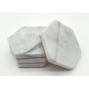 Polished White Stone Coasters Hexagon Shape Moisture Proof High Durability