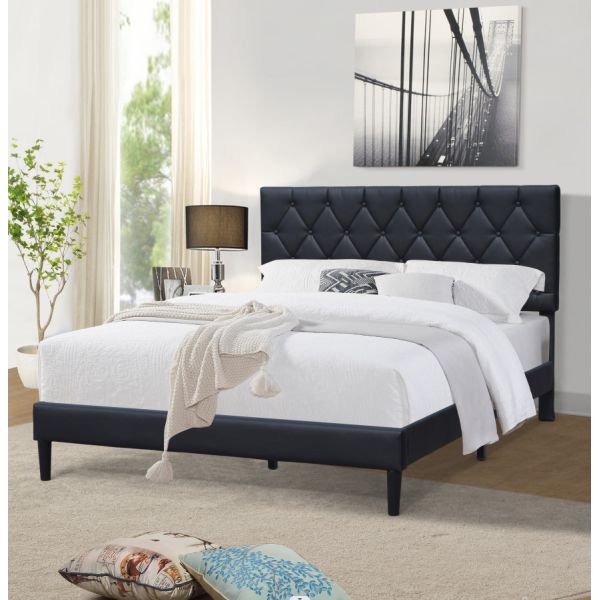 Black Facux Leather Upholstered Platform Bed Frame Queen Size With Tufted