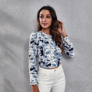 Custom Long Sleeves Women'S Summer Top Printing Beech Blouse With Round Neck