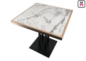 China 4 Person Buffet Laminate Dining Table White Marble Pattern HPL with Pine Wood Edge on sale