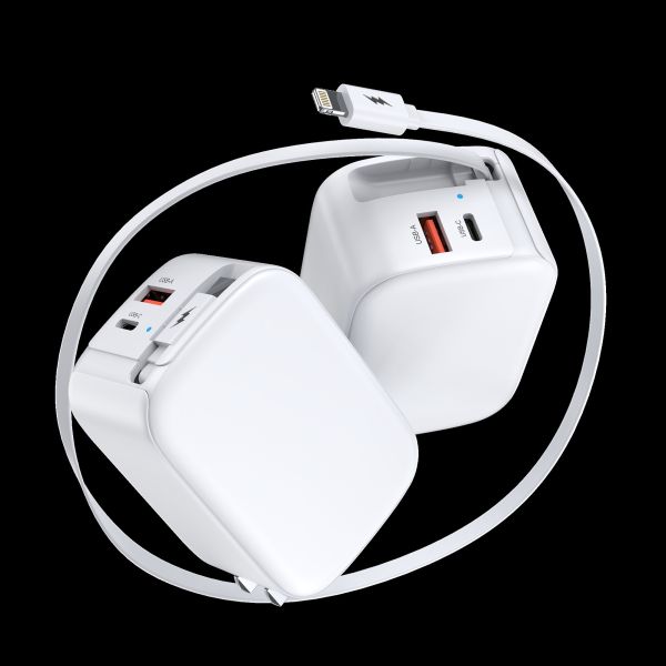 45W GaN Fast Charger For Mobile Phone/Ipad/Camera/PDA/MP3 With 3in1 8Pin Ports And Retractable Cables