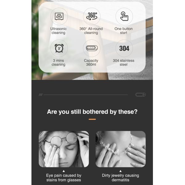 FCC 360ML Antibacterial Ultrasonic Eyeglasses Cleaner 48KHz