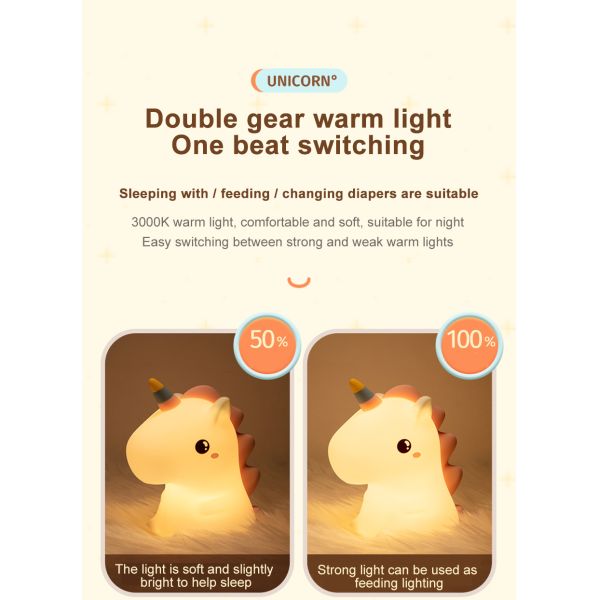 Unicorn Kids Night Light Lamp USB Rechargeable Soft Silicone 7 Colors Pat Lights For Nursery Baby Toddler's Gift