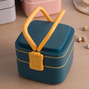 Double-Layer Portable Plastic Bento Lunch Box With Lid 1000ML Rectangular Blue