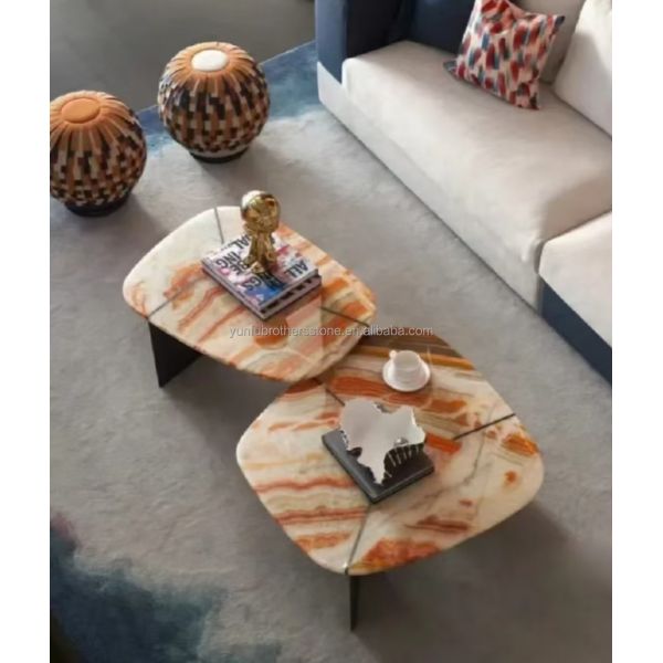 Hotel Table Furniture Design with Natural Stone Bookmatched Rainbow Onyx Marble Slab