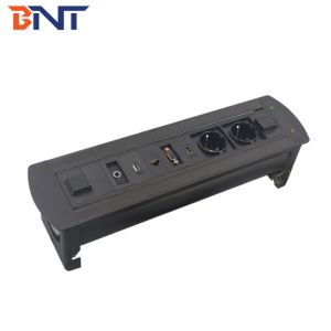 Media power data connection motorized flip up tabletop power socket box