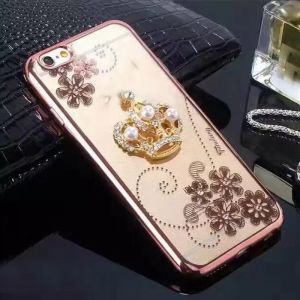Plating TPU Flower Pattern Diamond Pearl Crown Bracket Cell Phone Case For
