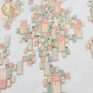 Tulle Beaded Embroidered Lace Fabric 140cm Width Customized With Rhinestones