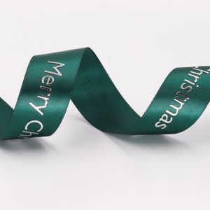 Custom Patterned Hot Stamp Ribbon , Smooth Surface Green Satin Ribbon