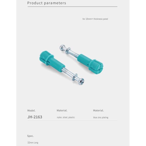 Jh-2163 32mm Cam Connector Screw | Cold-Drawn Carbon Steel Bolt & Nylon Expansion Insert | 32mm Length, Blue Zinc Plated
