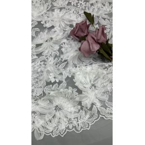White Floral Lace Fabric For Gowns Mesh Ground Intricate Embroidery With Subtle