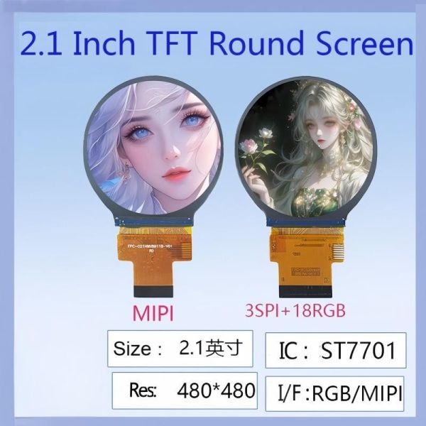 2.1-inch TFT LCD Round IPS Display | 480×480, ST7701 Driver, RGB/MIPI Full-Color
