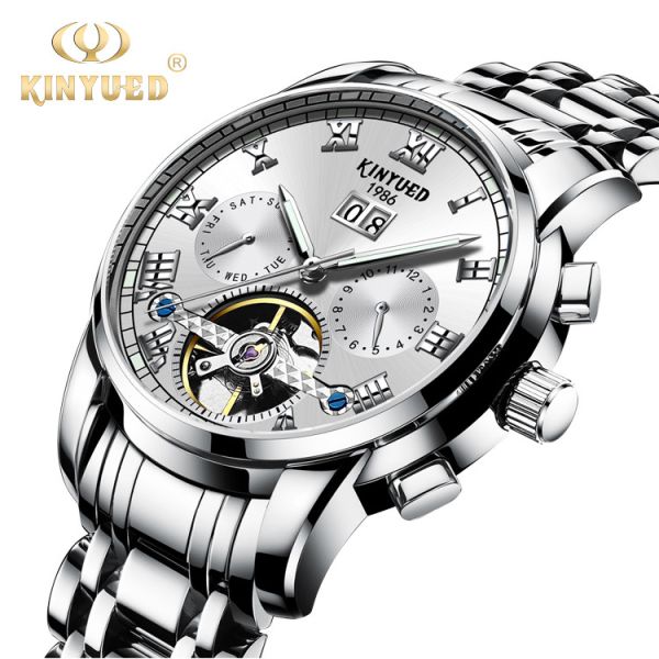 Quality KINYUED stainless steel tourbillion watch mechanical luminous watch men wristwatch wholesale