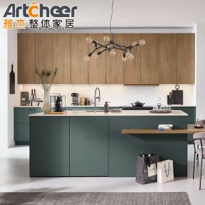 China Design Solid Wood Door Panel Kitchen Cupboards with Laminated Half Bullnose Countertop on sale