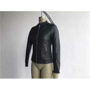 Black Pu Leather Coat / Pleather Biker Jacket With Multi Top Stitching Tw75796