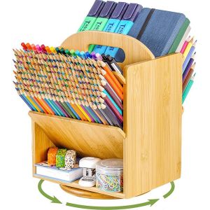 Standing Type 6 Compartments Bamboo Desk Storage Set for Documents and Office