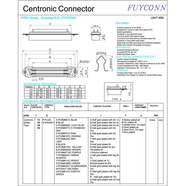 14 24 36 50 Solder Pin DDK Centronics Connector Female Type With Spring Latches