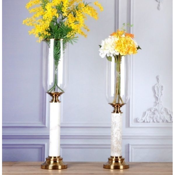 Tall gold flower vases pot with marble stand table artificial flower for home