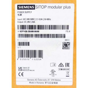 Cheap SIEMENS 6EP1436-3BA00-8AA0 SITOP MODULAR PLUS 20 A STABILIZED POWER SUPPLY INPUT: 3 AC 400-500 V OUTPUT: 24 V DC/20 A for sale