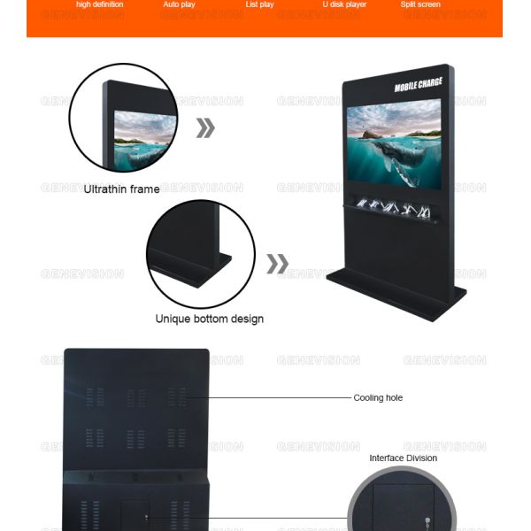 Mobile Charging Station Advertising Totem 65 inch Horizontal Media Player Standee