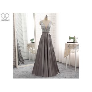 Gray Pink A Line Ball Gown No Arm Backless Design Diamond Beading Satin Fabric