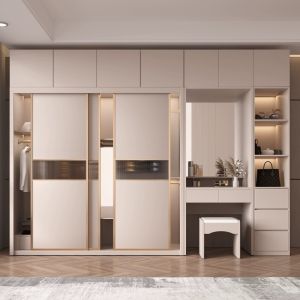 Laminate Sliding Door with Drawers Walnut Wardrobe Closet 200cm Wide