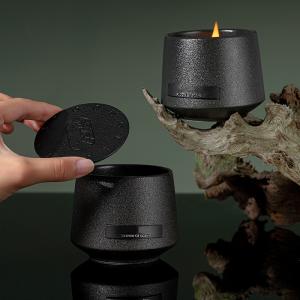 China AROMA HOME Wholesale Custom Home Decorative Black Wooden Wick Frosted Creative Ceramic Metal Lid Scented Candles on sale
