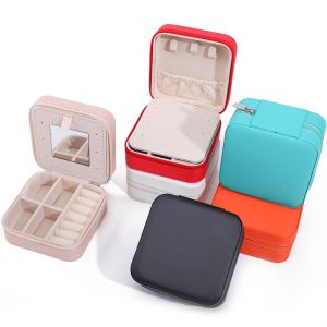 Custom Logo Travel Portable Square Storage Jewelry Box with Mirror in PU Leather