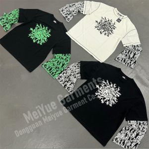 Custom Streetwear Screen Print Tshirts Patchwork Tee Long Sleeve Unisex Double