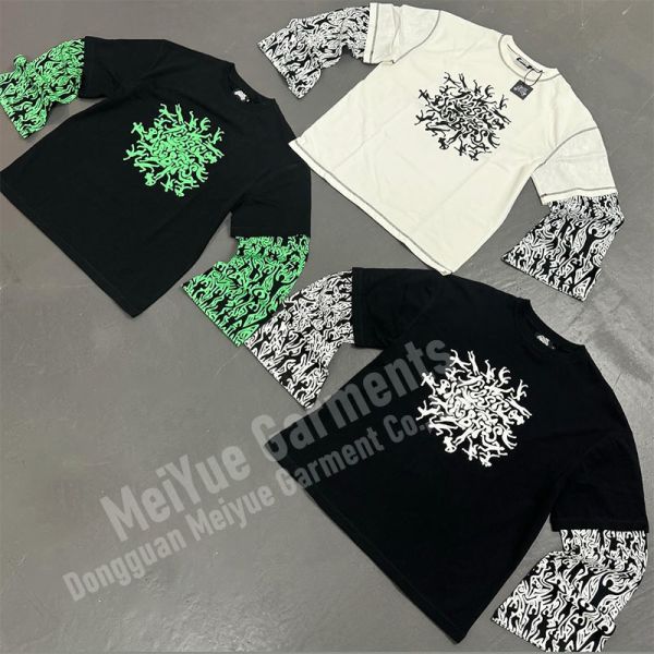 Custom Streetwear Screen Print Tshirts Patchwork Tee Long Sleeve Unisex Double