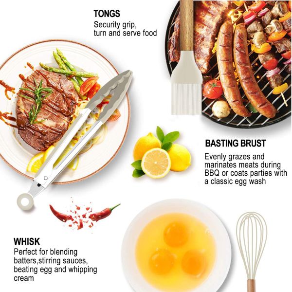 Non-stick Silicone Kitchen Utensils Wooden Handle with Holder Spatula Spoon Turner Tongs