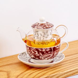 Flower Design Stackable Glass Teapot Cup And Saucer Infuser Set For Mother'S Day