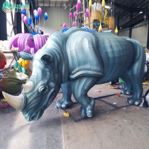 Rhinoceros-shaped lantern made of iron wire and silk cloth for festival events