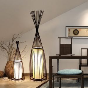 Natural Bamboo Standing Floor Lamp Cottage Wood Bamboo Shade Fabric Shade Floor