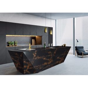 Kitchen Coutertop Black Artificial Quartz Stone Slab With Golden Pattern