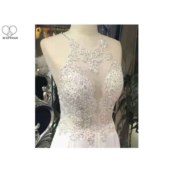 Backless A Line Ball Gown White Black Color Hanging Neck Chiffon Lace Beading