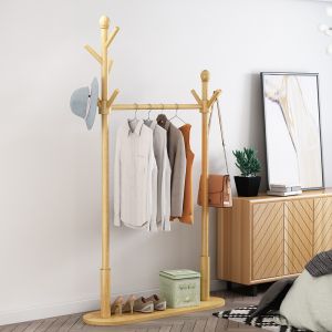 Custom Pinewood Clothing Coat Rack Hanger Stand With Shoe Rack
