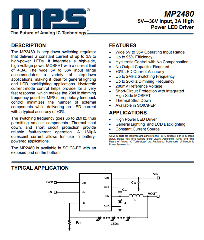 MP2480DN LED Driver IC 1 Output DC DC Regulator Step-Down (Buck) PWM Dimming 3A (Switch) 8-SOIC-EP