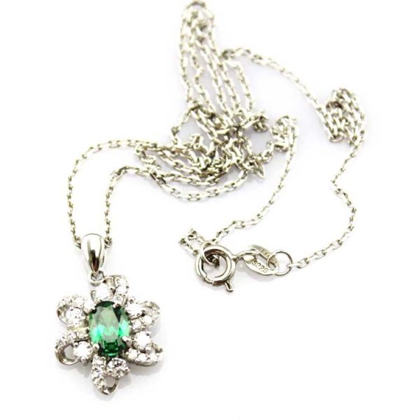 Sterling Silver Cable Chain Oval Green Cubic Zircon Pendant Necklce (P10)