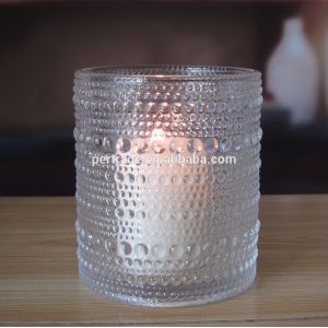 Customized Embossed Beads Strings Glass Votive Candle Holders , Glass Cylinder