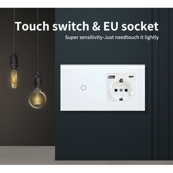 Smart Touch Light Switch with USB Type-C Wall Socket featuring 157mm Glass Panel WiFi Tuya Remote Control and 2-in-1 Bedside Power Station